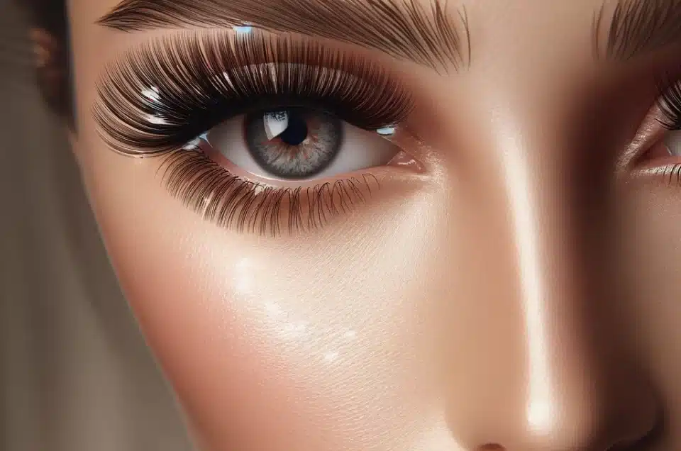 What are Hybrid Lash Extensions: Everything You Need to Know - Close-up of eyes with detailed hybrid lash extensions in soft, neutral tones