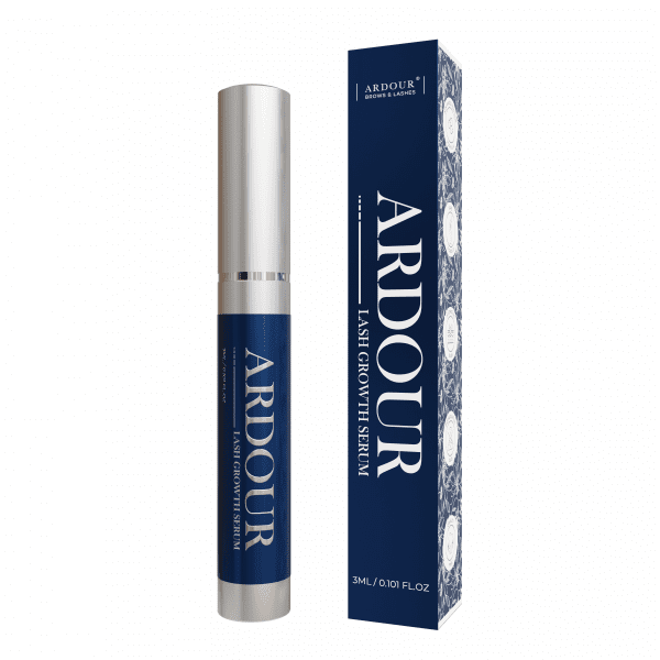 Ardour Lash Growth Serum in a silver tube placed elegantly against a navy blue background, showcasing the product's premium packaging for enhancing and promoting natural lash growth for fuller, longer lashes