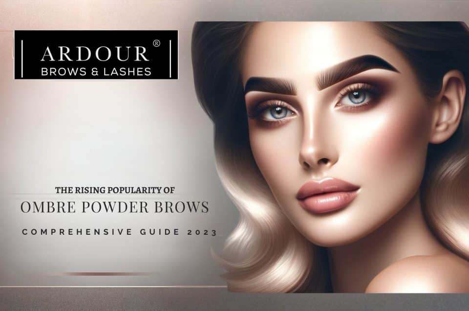 A pair of perfectly groomed ombre powder brows on a woman's face, with a subtle gradient from light at the inner corners to dark at the tips, encapsulating a natural and full look, set against a soft, pinkish-beige background that suggests a clean, professional beauty service