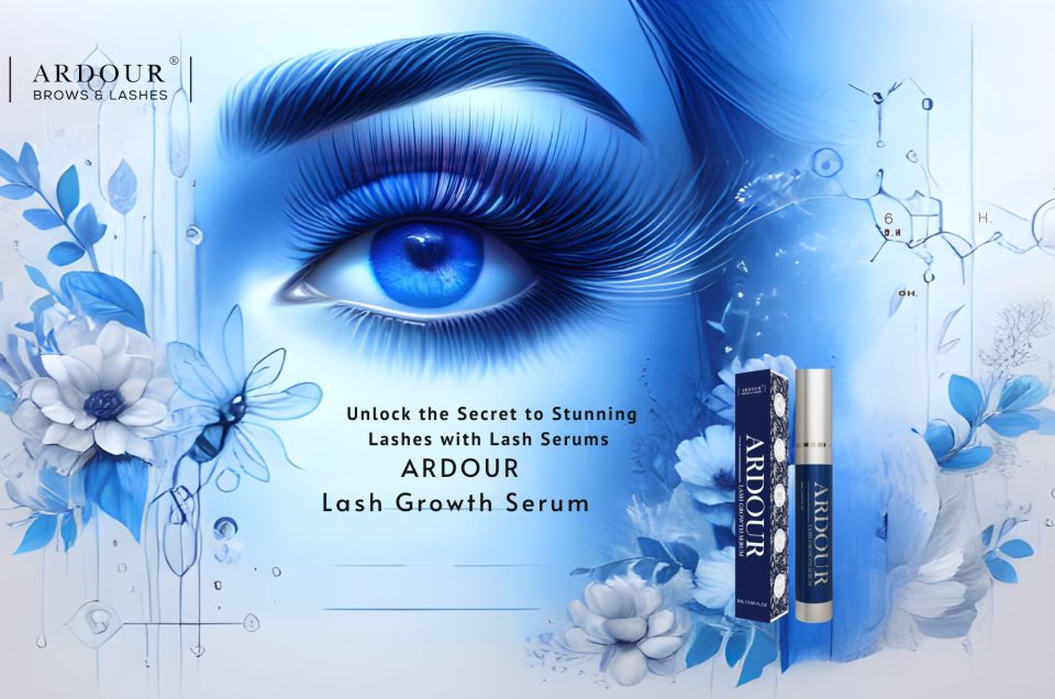 Image of blue eyed girl with luscious lashes, featuring ardour lash growth serum