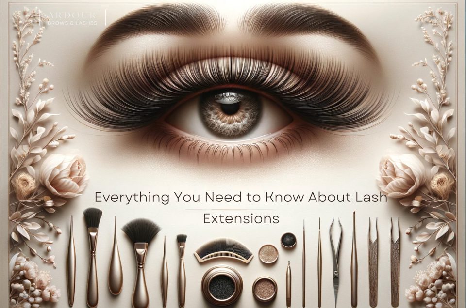 Elegant blog banner featuring a sophisticated lady with perfect eyelash extensions, the logo of Ardour Brows & Lashes prominently displayed, set against a backdrop of soft pink and gold accents conveying luxury and expert beauty service